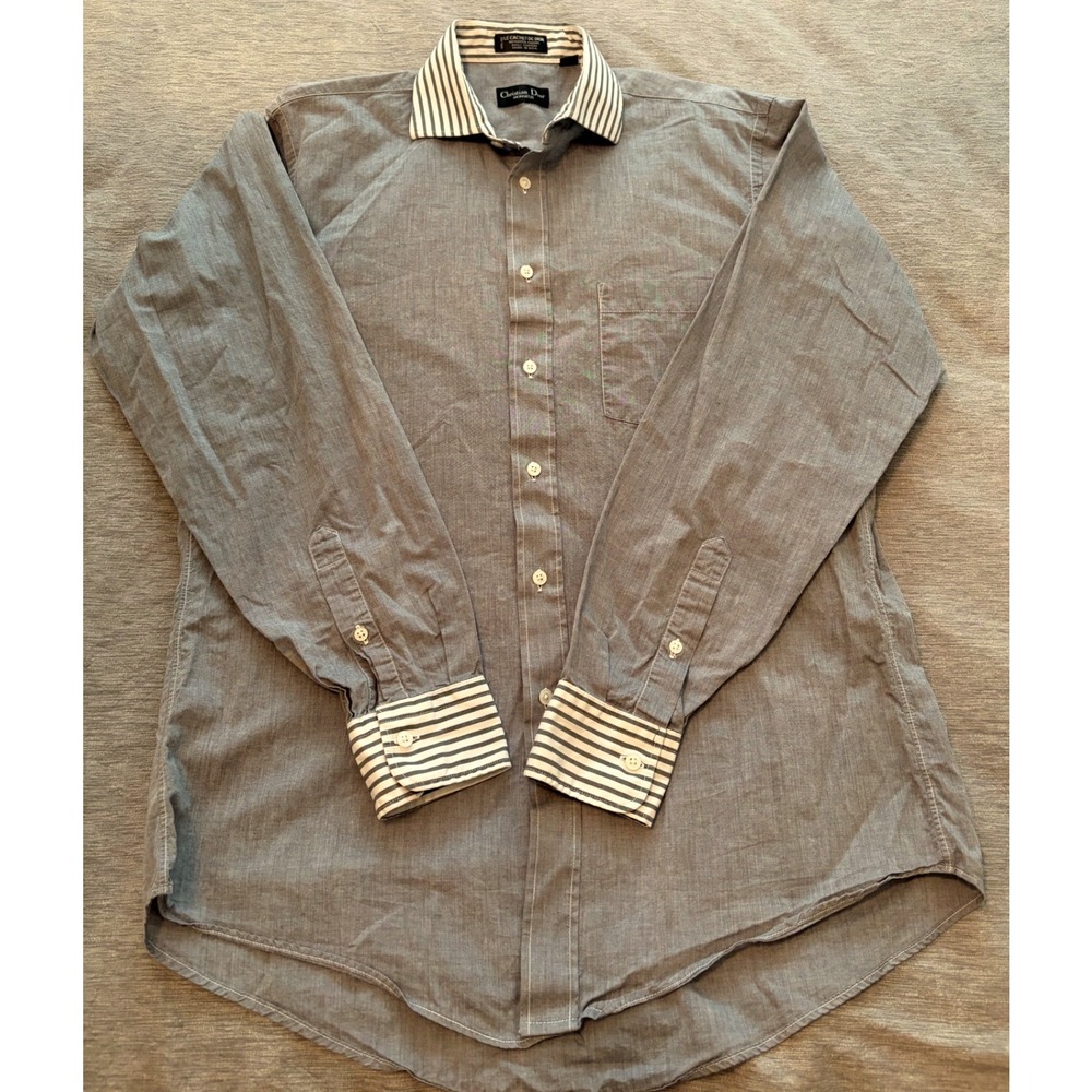 Christian Dior Monsieur Grey Button Down Shirt Striped Contrast Collar 15.5 35